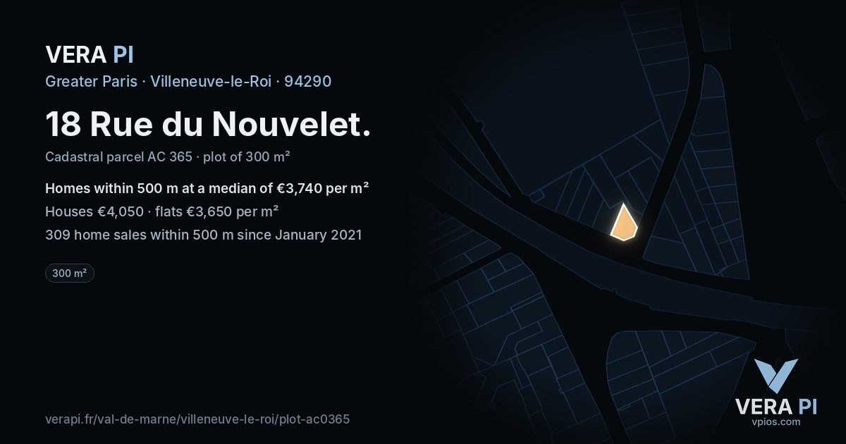 18 Rue du Nouvelet, Villeneuve-le-Roi at night – the plot lit, the parcels around coloured by the prices near them
