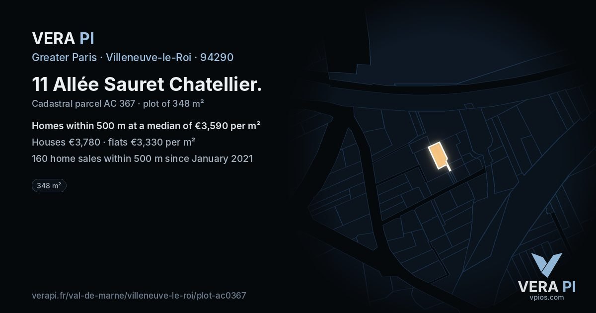 11 Allée Sauret Chatellier, Villeneuve-le-Roi at night – the plot lit, the parcels around coloured by the prices near them