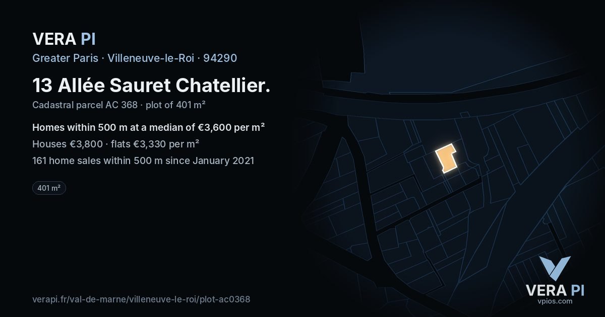 13 Allée Sauret Chatellier, Villeneuve-le-Roi at night – the plot lit, the parcels around coloured by the prices near them