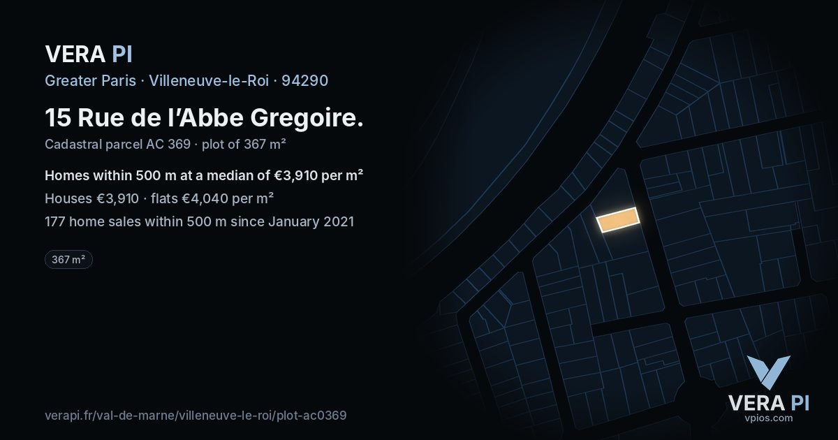 15 Rue de l’Abbe Gregoire, Villeneuve-le-Roi at night – the plot lit, the parcels around coloured by the prices near them