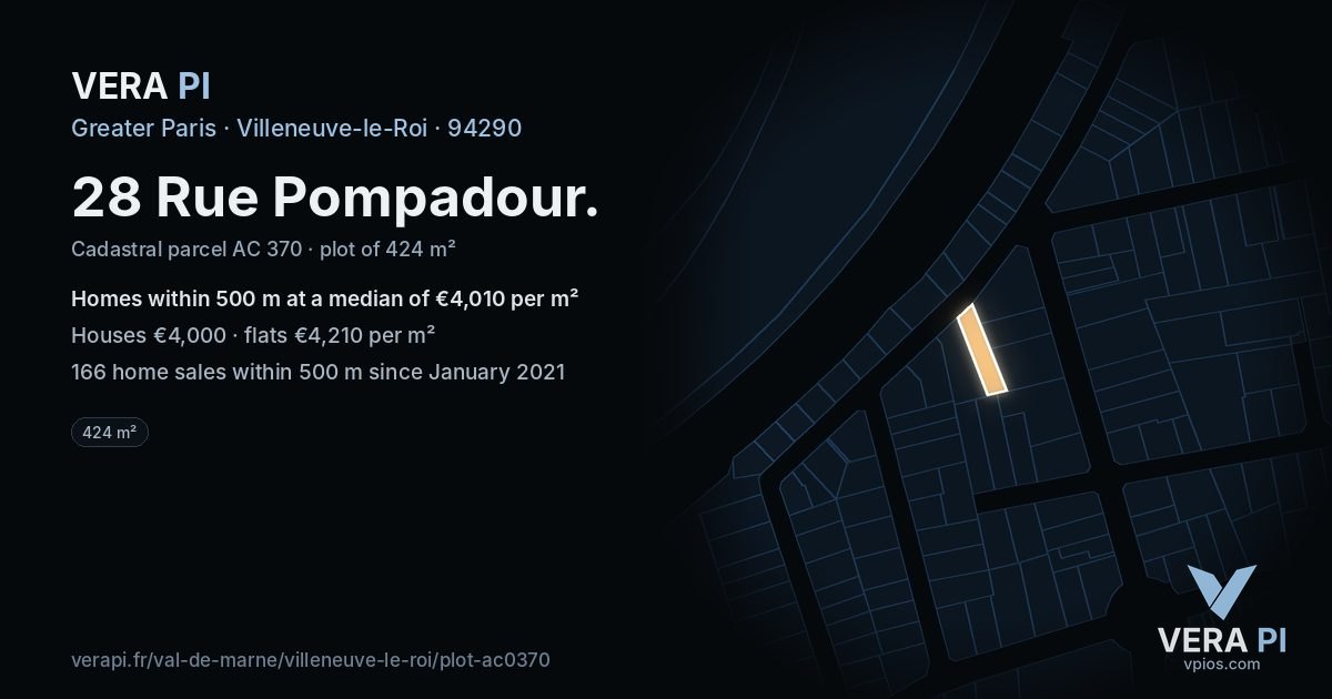 28 Rue Pompadour, Villeneuve-le-Roi at night – the plot lit, the parcels around coloured by the prices near them