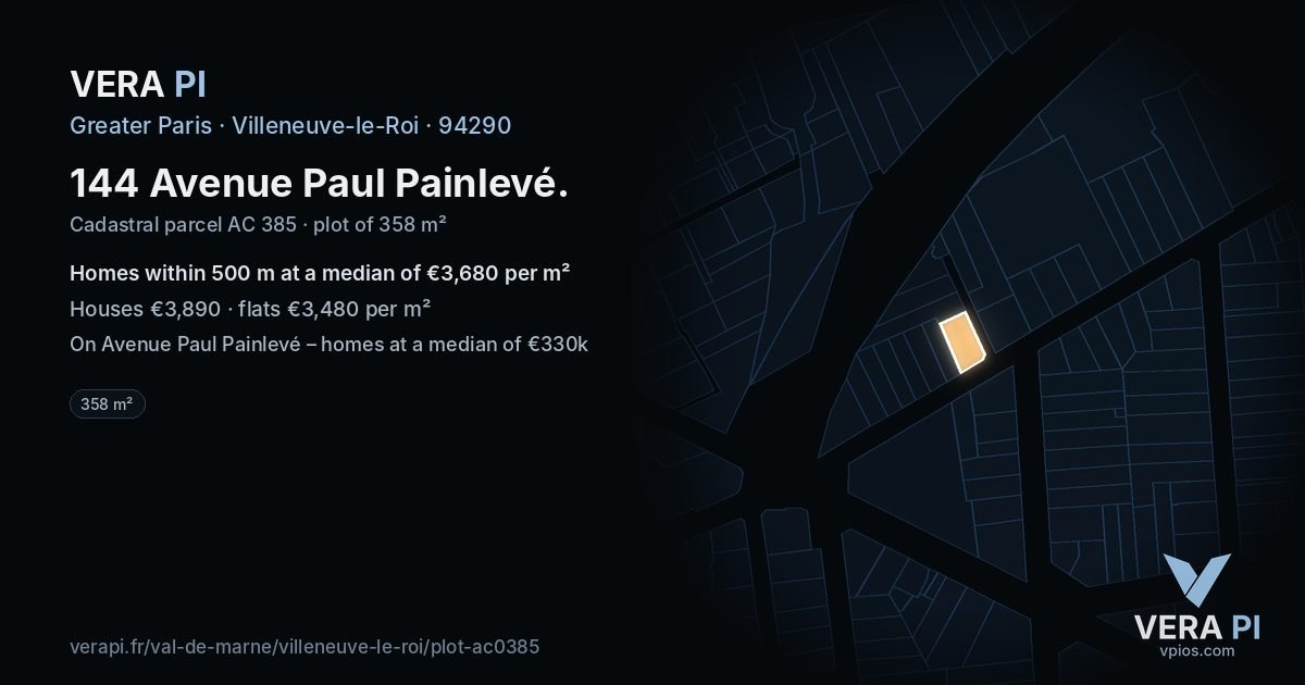 144 Avenue Paul Painlevé, Villeneuve-le-Roi at night – the plot lit, the parcels around coloured by the prices near them