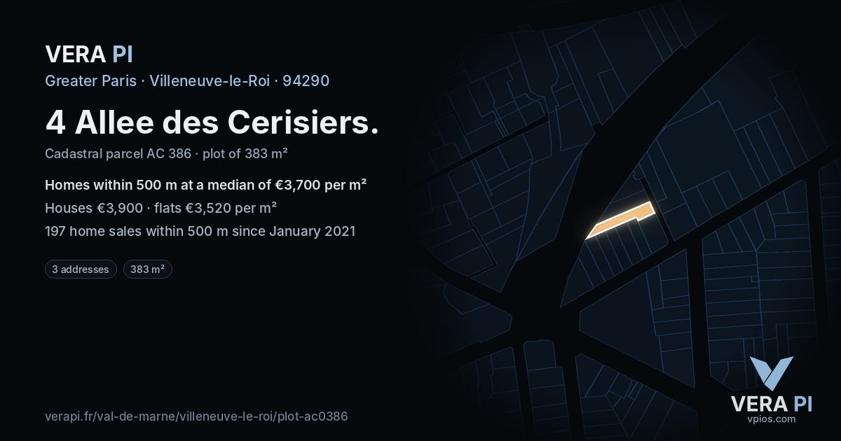 4 Allee des Cerisiers, Villeneuve-le-Roi at night – the plot lit, the parcels around coloured by the prices near them