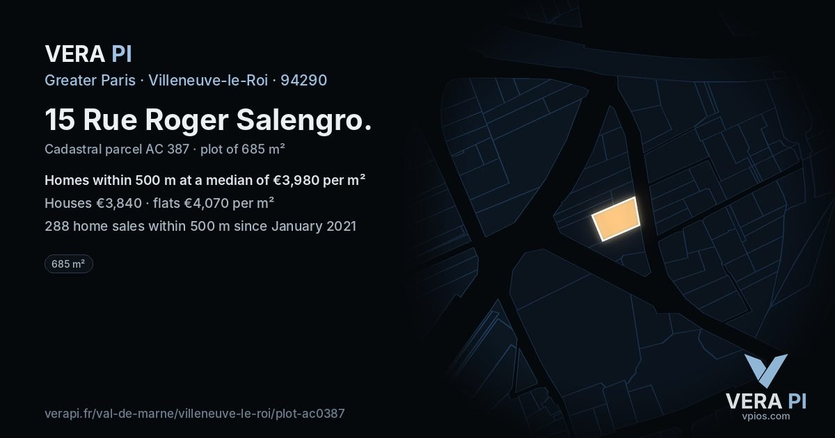 15 Rue Roger Salengro, Villeneuve-le-Roi at night – the plot lit, the parcels around coloured by the prices near them