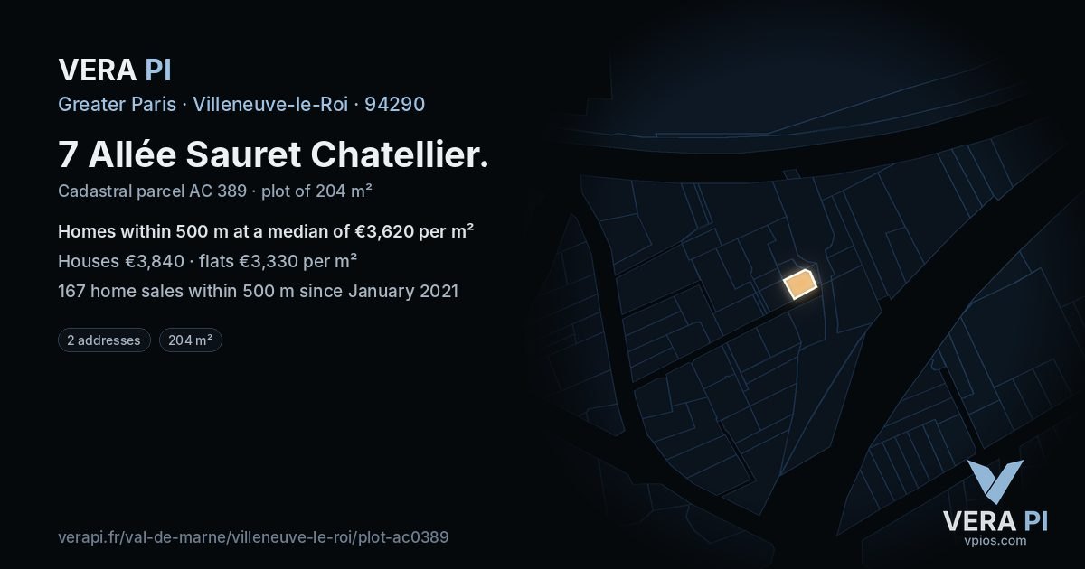 7 Allée Sauret Chatellier, Villeneuve-le-Roi at night – the plot lit, the parcels around coloured by the prices near them