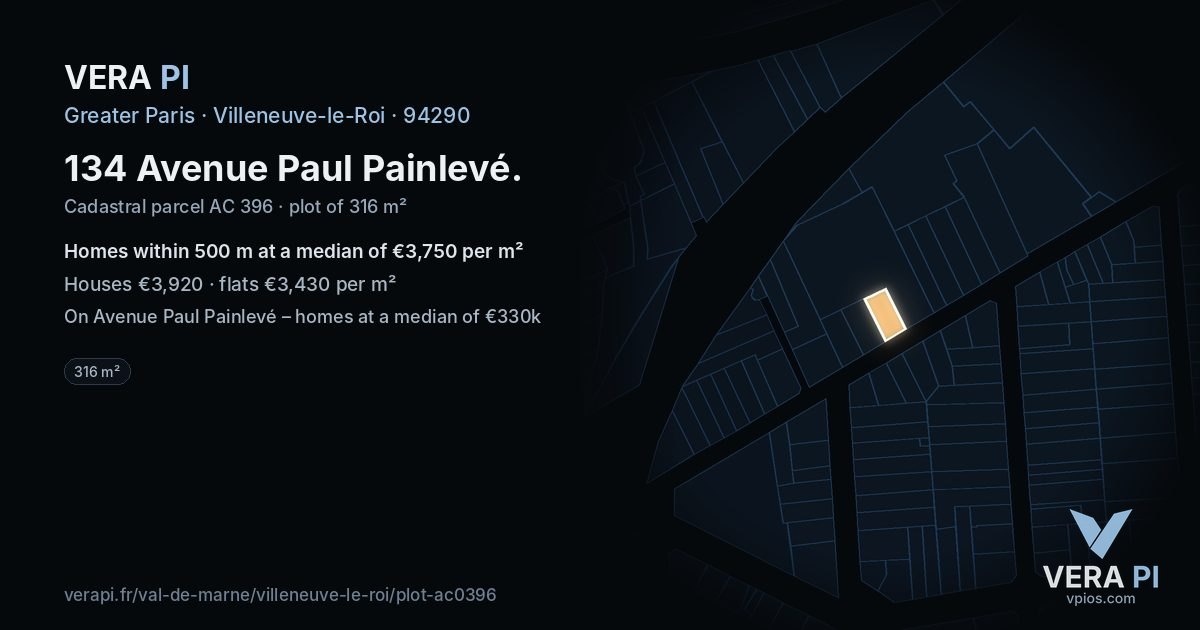 134 Avenue Paul Painlevé, Villeneuve-le-Roi at night – the plot lit, the parcels around coloured by the prices near them