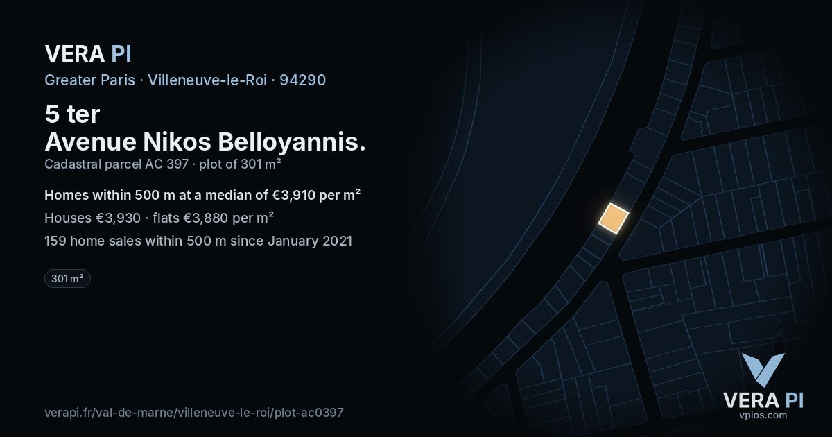 5 ter Avenue Nikos Belloyannis, Villeneuve-le-Roi at night – the plot lit, the parcels around coloured by the prices near them