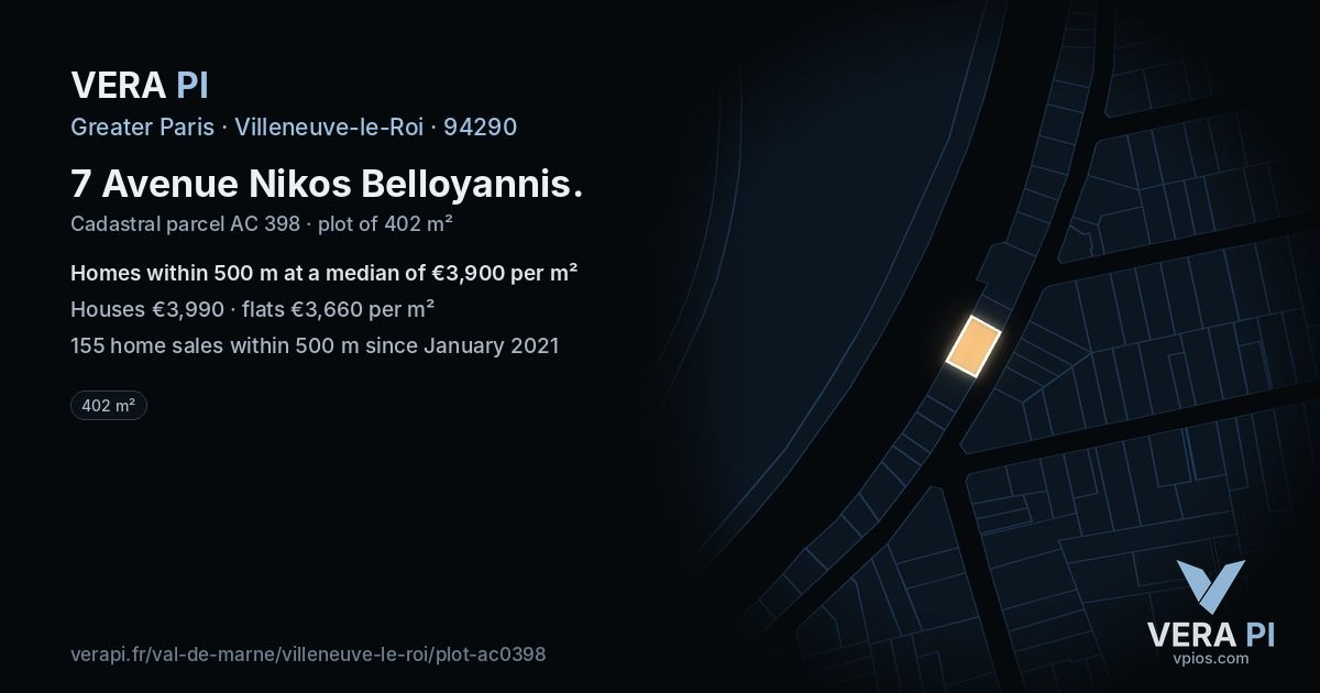 7 Avenue Nikos Belloyannis, Villeneuve-le-Roi at night – the plot lit, the parcels around coloured by the prices near them