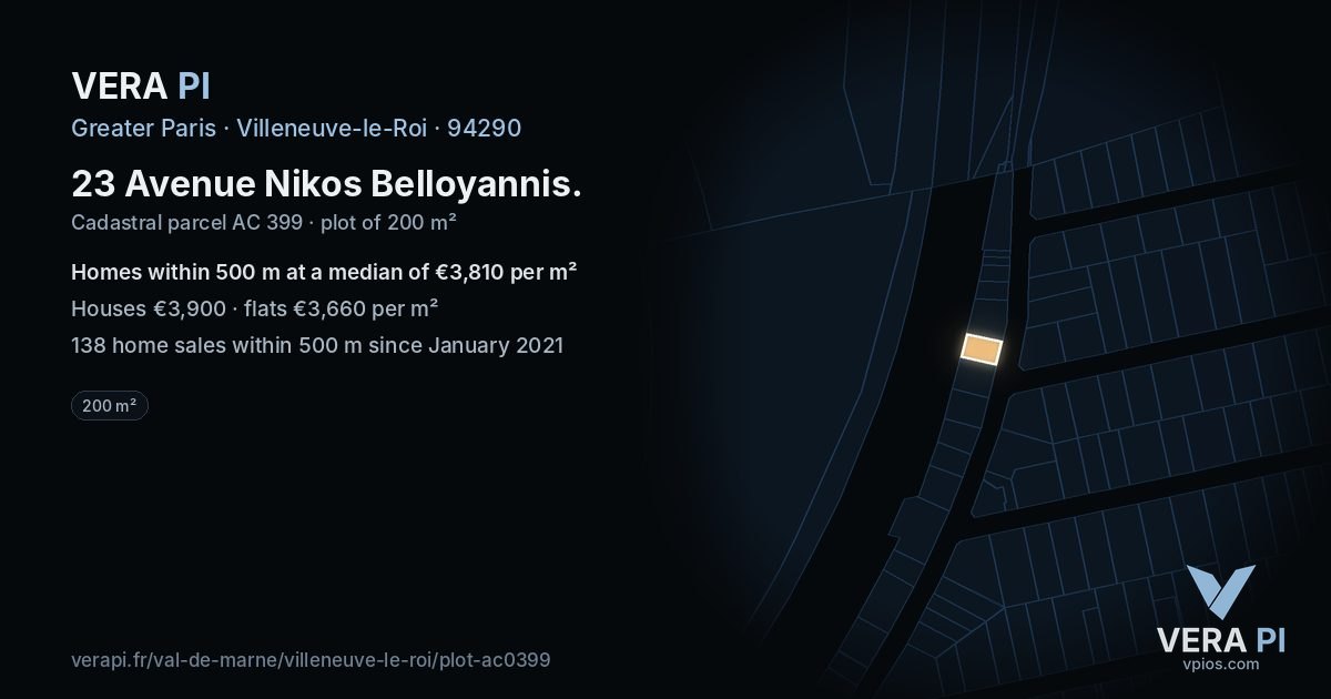 23 Avenue Nikos Belloyannis, Villeneuve-le-Roi at night – the plot lit, the parcels around coloured by the prices near them