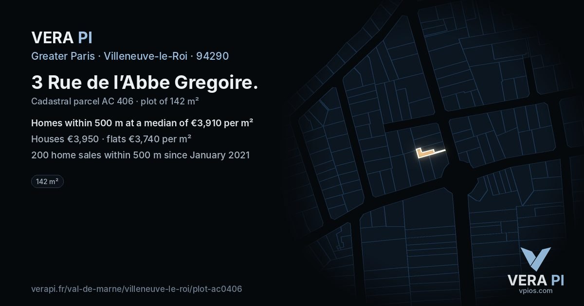 3 Rue de l’Abbe Gregoire, Villeneuve-le-Roi at night – the plot lit, the parcels around coloured by the prices near them