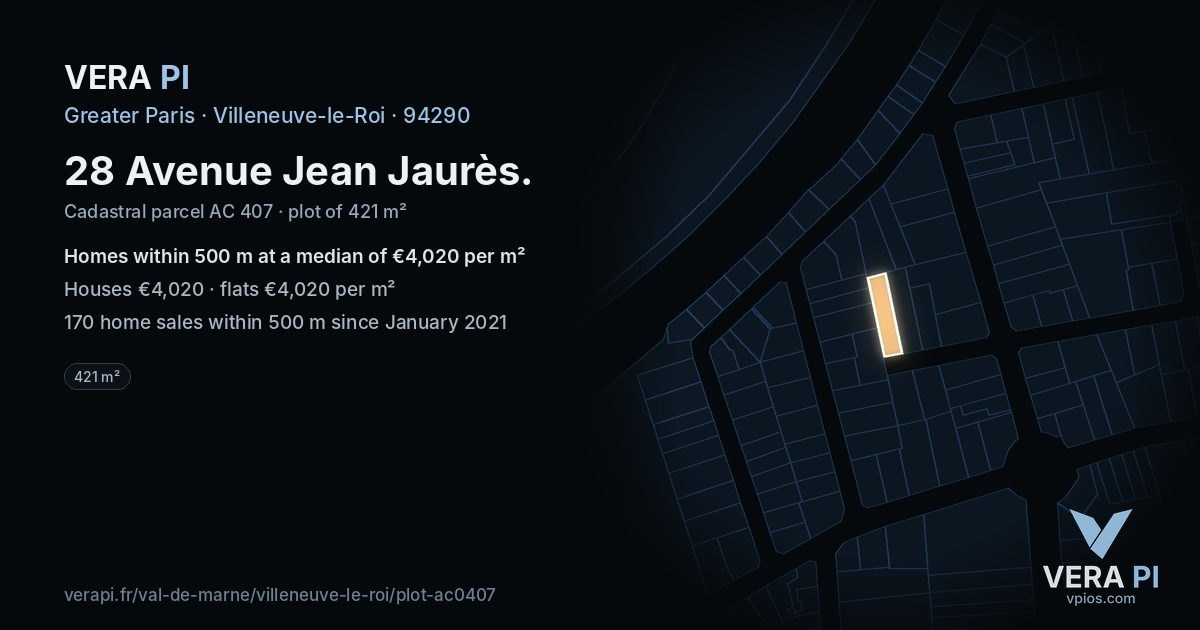 28 Avenue Jean Jaurès, Villeneuve-le-Roi at night – the plot lit, the parcels around coloured by the prices near them