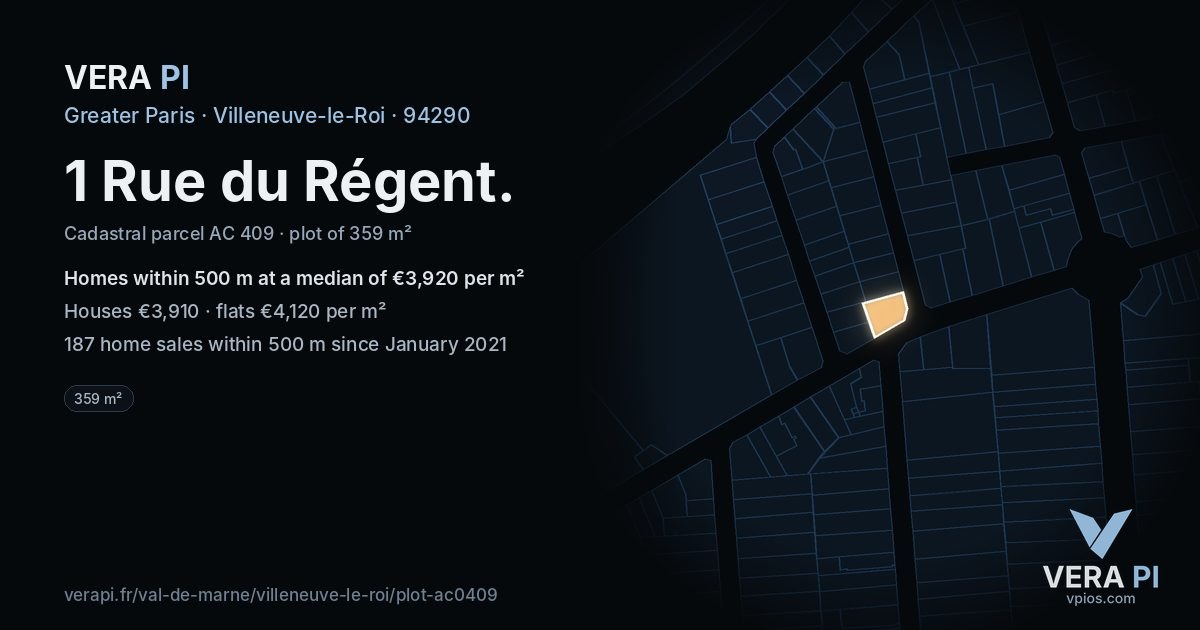 1 Rue du Régent, Villeneuve-le-Roi at night – the plot lit, the parcels around coloured by the prices near them