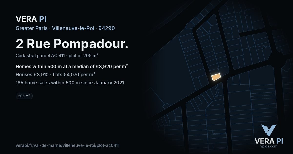 2 Rue Pompadour, Villeneuve-le-Roi at night – the plot lit, the parcels around coloured by the prices near them