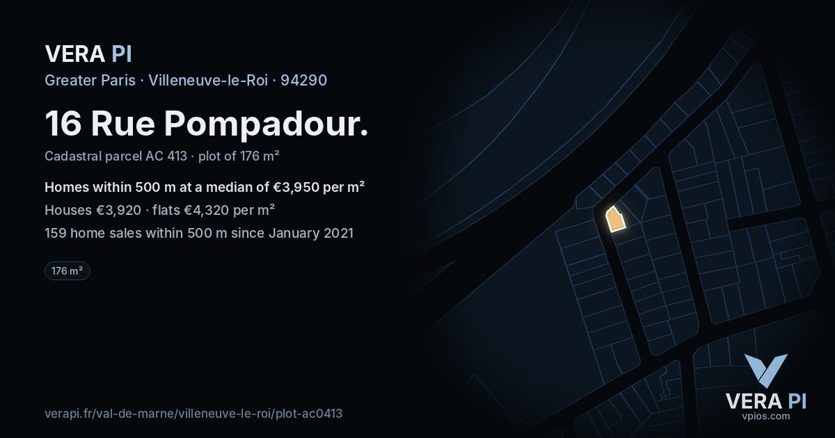 16 Rue Pompadour, Villeneuve-le-Roi at night – the plot lit, the parcels around coloured by the prices near them