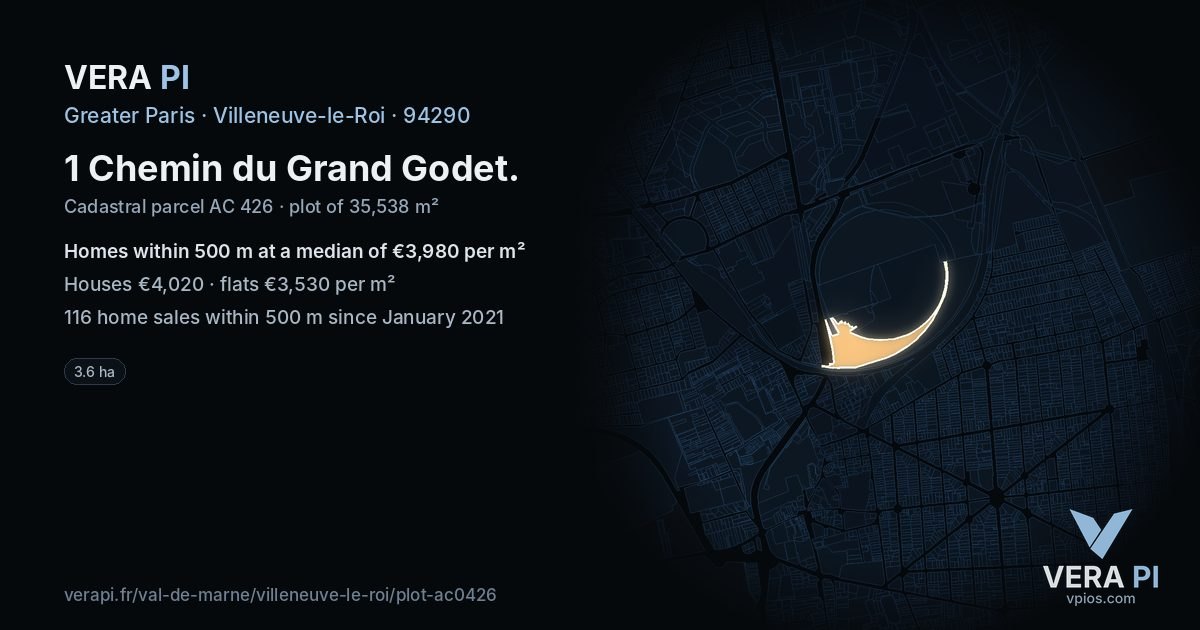 1 Chemin du Grand Godet, Villeneuve-le-Roi at night – the plot lit, the parcels around coloured by the prices near them
