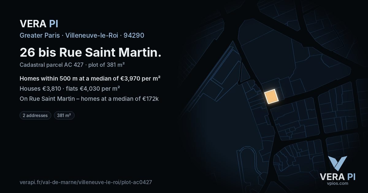 26 bis Rue Saint Martin, Villeneuve-le-Roi at night – the plot lit, the parcels around coloured by the prices near them
