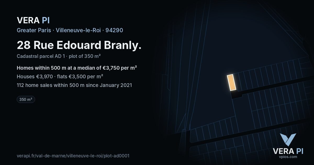 28 Rue Edouard Branly, Villeneuve-le-Roi at night – the plot lit, the parcels around coloured by the prices near them
