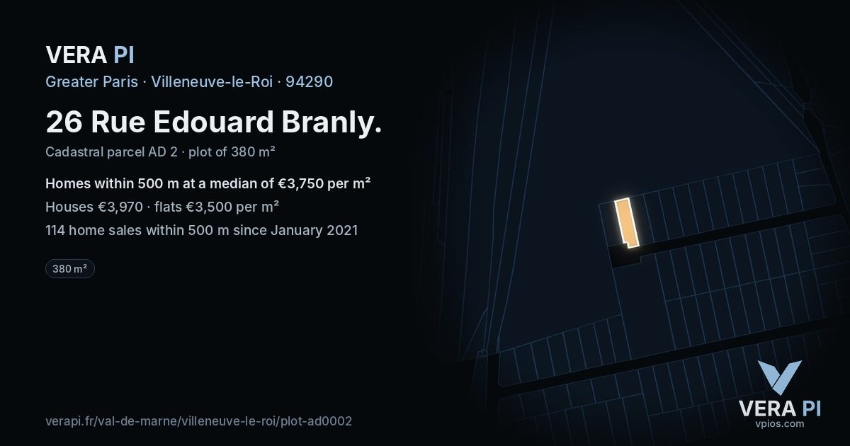 26 Rue Edouard Branly, Villeneuve-le-Roi at night – the plot lit, the parcels around coloured by the prices near them