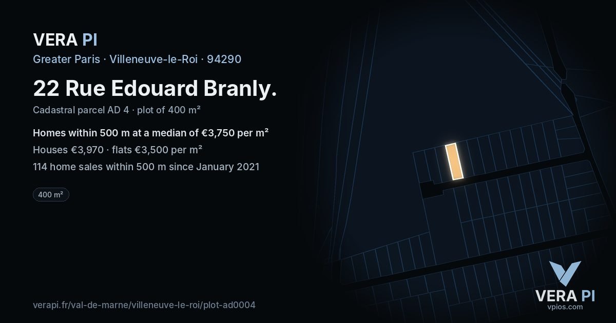22 Rue Edouard Branly, Villeneuve-le-Roi at night – the plot lit, the parcels around coloured by the prices near them