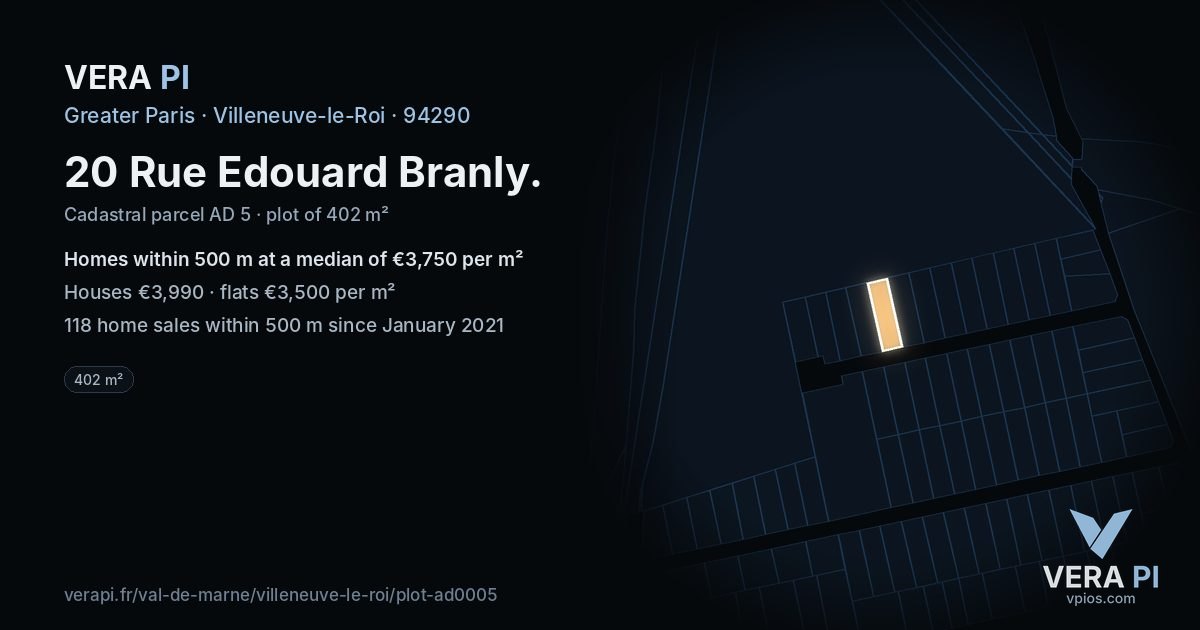 20 Rue Edouard Branly, Villeneuve-le-Roi at night – the plot lit, the parcels around coloured by the prices near them