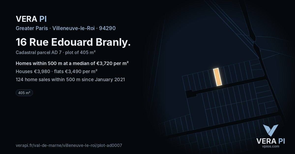 16 Rue Edouard Branly, Villeneuve-le-Roi at night – the plot lit, the parcels around coloured by the prices near them