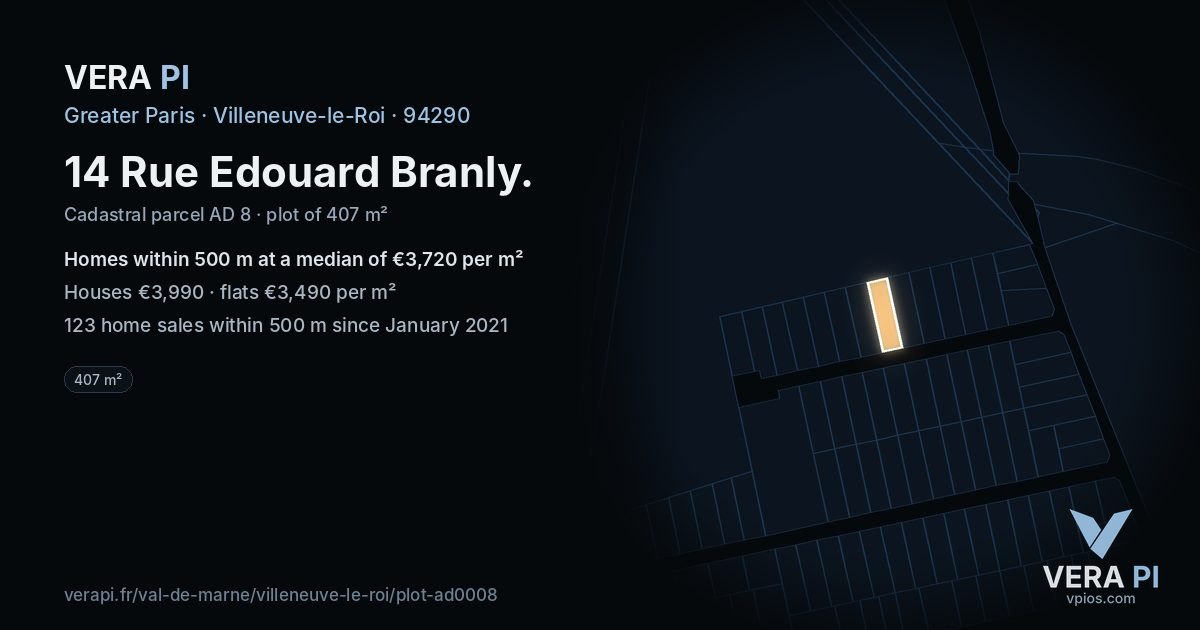 14 Rue Edouard Branly, Villeneuve-le-Roi at night – the plot lit, the parcels around coloured by the prices near them