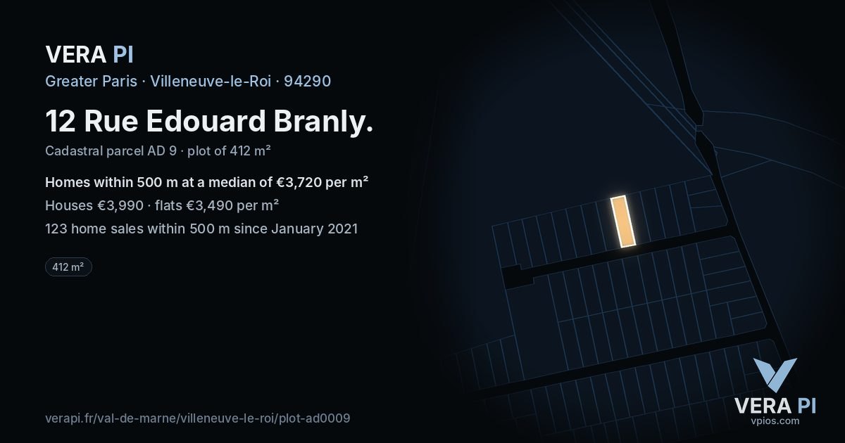 12 Rue Edouard Branly, Villeneuve-le-Roi at night – the plot lit, the parcels around coloured by the prices near them