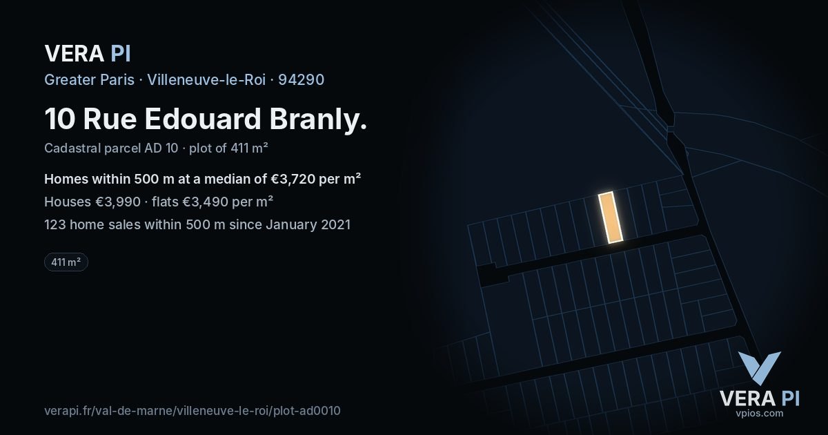 10 Rue Edouard Branly, Villeneuve-le-Roi at night – the plot lit, the parcels around coloured by the prices near them
