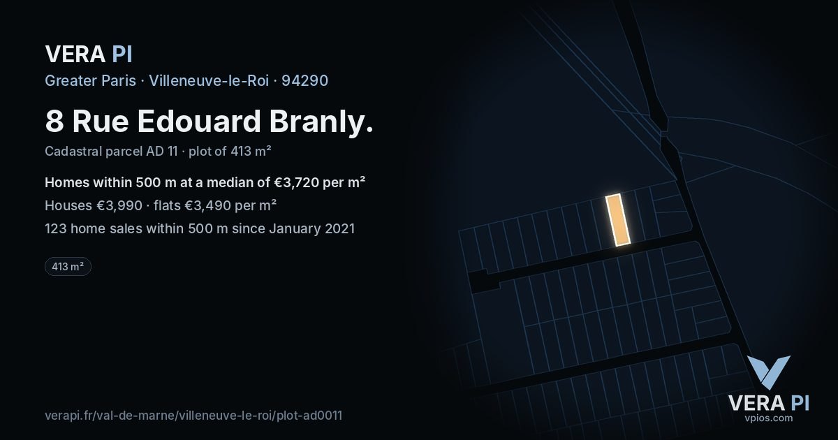 8 Rue Edouard Branly, Villeneuve-le-Roi at night – the plot lit, the parcels around coloured by the prices near them