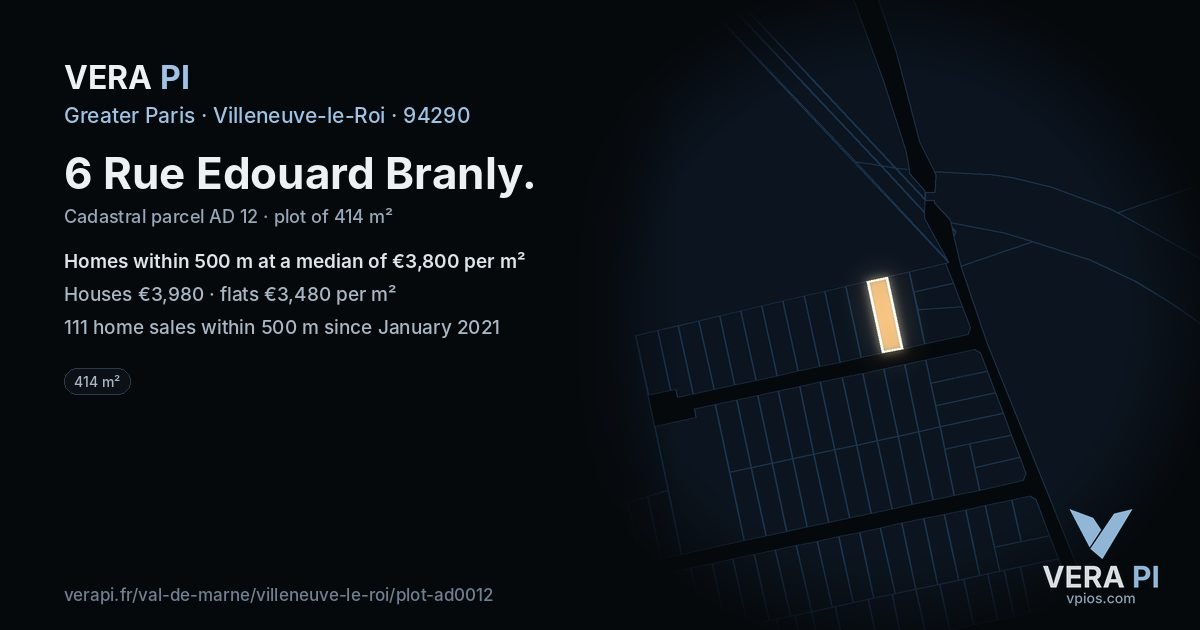 6 Rue Edouard Branly, Villeneuve-le-Roi at night – the plot lit, the parcels around coloured by the prices near them
