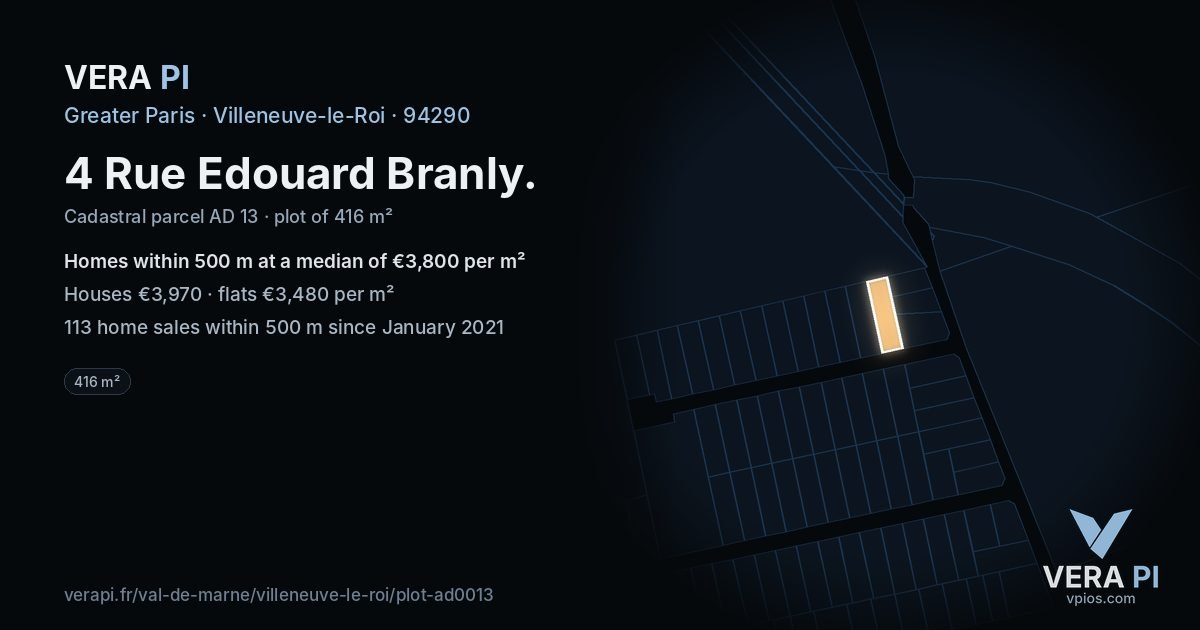 4 Rue Edouard Branly, Villeneuve-le-Roi at night – the plot lit, the parcels around coloured by the prices near them