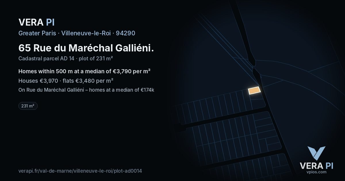 65 Rue du Maréchal Galliéni, Villeneuve-le-Roi at night – the plot lit, the parcels around coloured by the prices near them