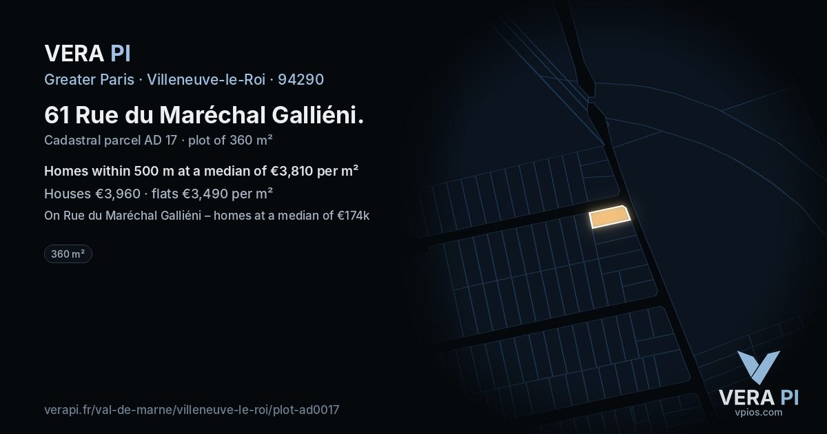 61 Rue du Maréchal Galliéni, Villeneuve-le-Roi at night – the plot lit, the parcels around coloured by the prices near them