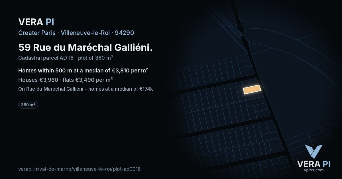 59 Rue du Maréchal Galliéni, Villeneuve-le-Roi at night – the plot lit, the parcels around coloured by the prices near them