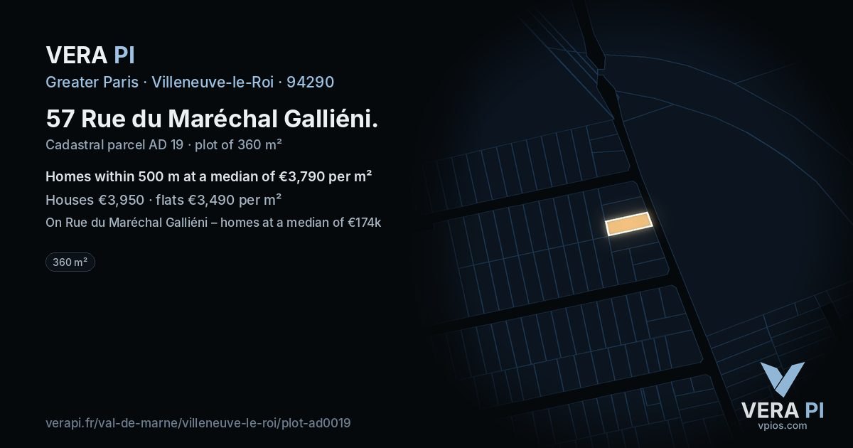 57 Rue du Maréchal Galliéni, Villeneuve-le-Roi at night – the plot lit, the parcels around coloured by the prices near them
