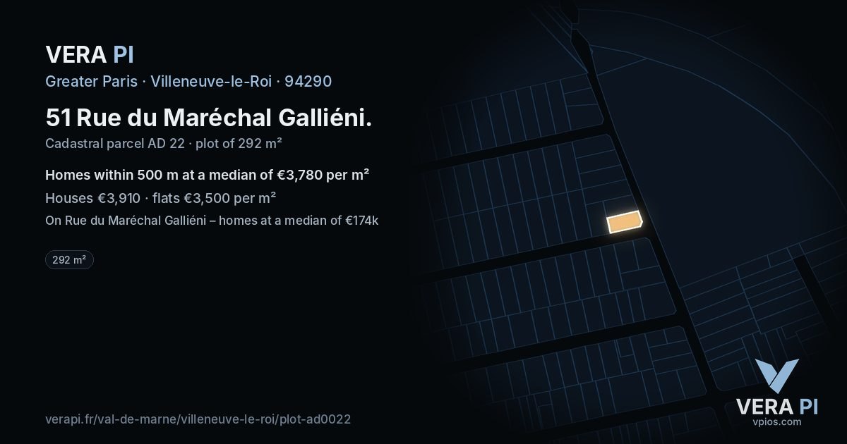 51 Rue du Maréchal Galliéni, Villeneuve-le-Roi at night – the plot lit, the parcels around coloured by the prices near them