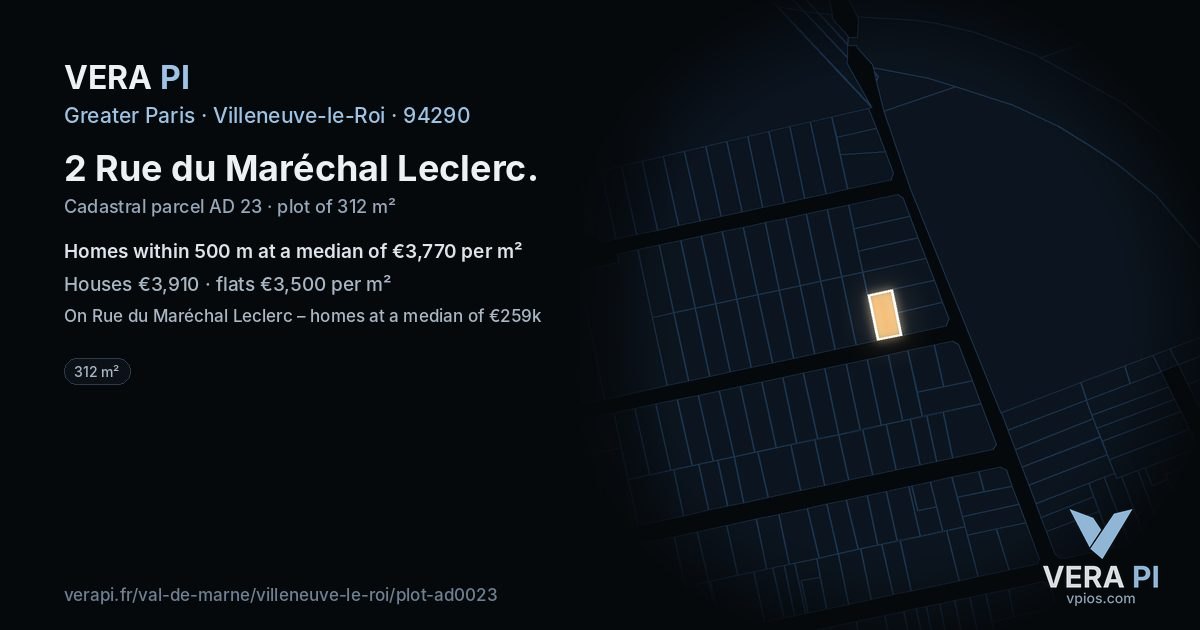 2 Rue du Maréchal Leclerc, Villeneuve-le-Roi at night – the plot lit, the parcels around coloured by the prices near them