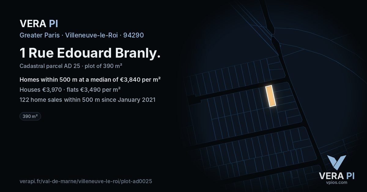 1 Rue Edouard Branly, Villeneuve-le-Roi at night – the plot lit, the parcels around coloured by the prices near them