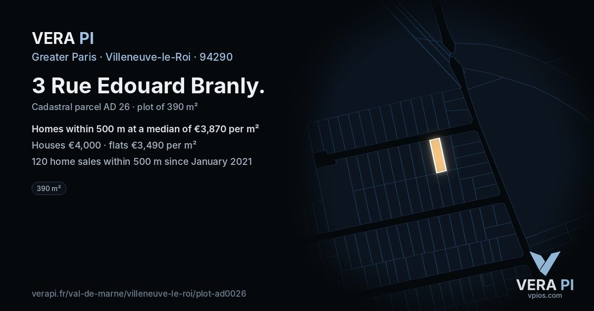 3 Rue Edouard Branly, Villeneuve-le-Roi at night – the plot lit, the parcels around coloured by the prices near them