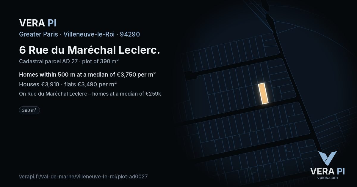 6 Rue du Maréchal Leclerc, Villeneuve-le-Roi at night – the plot lit, the parcels around coloured by the prices near them