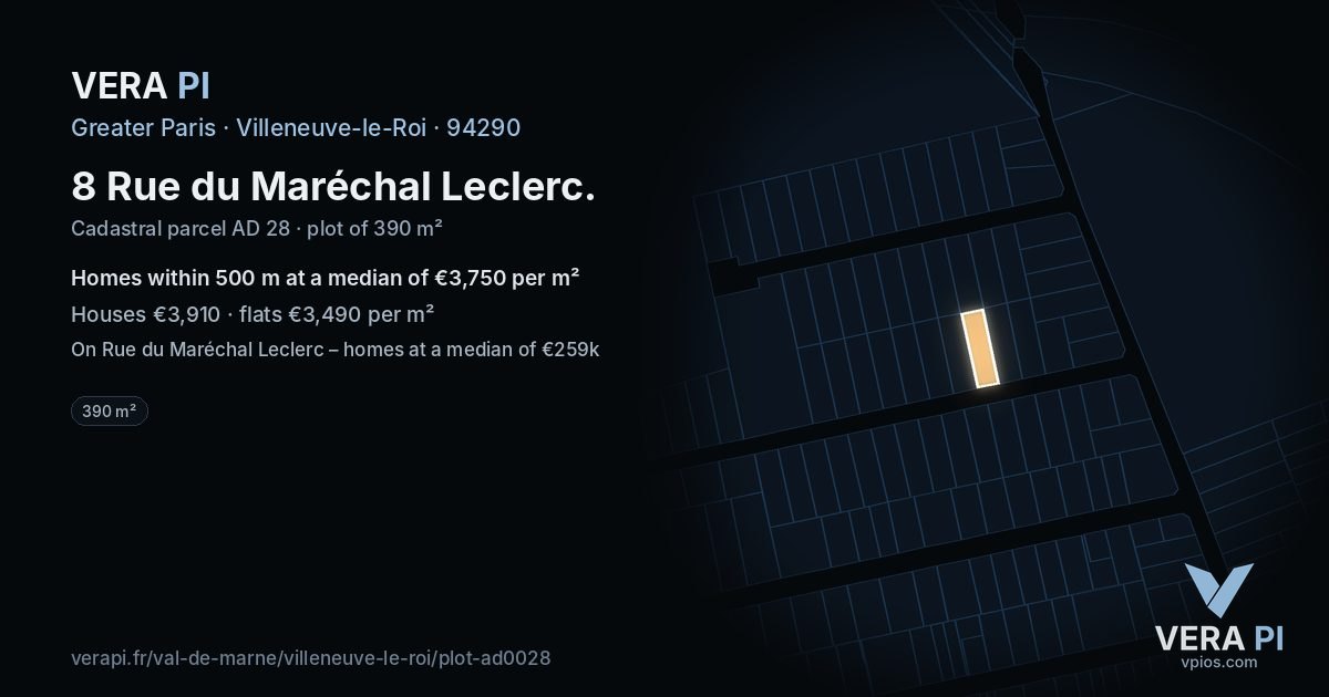 8 Rue du Maréchal Leclerc, Villeneuve-le-Roi at night – the plot lit, the parcels around coloured by the prices near them