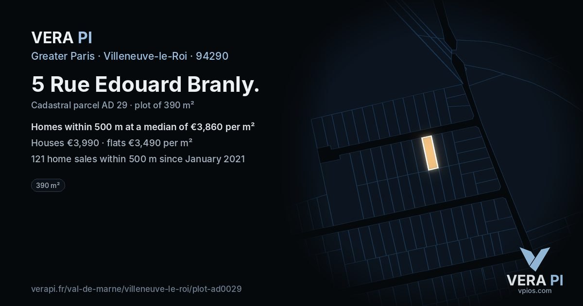 5 Rue Edouard Branly, Villeneuve-le-Roi at night – the plot lit, the parcels around coloured by the prices near them
