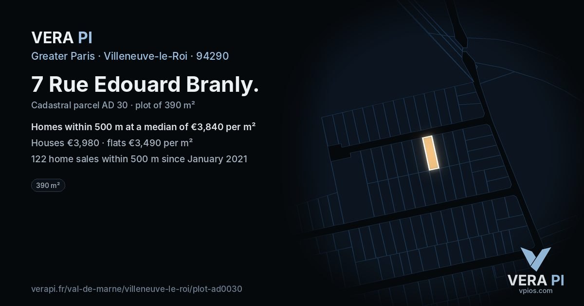 7 Rue Edouard Branly, Villeneuve-le-Roi at night – the plot lit, the parcels around coloured by the prices near them