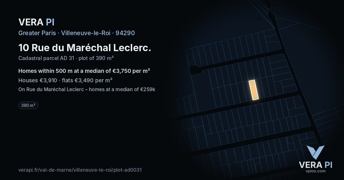 10 Rue du Maréchal Leclerc, Villeneuve-le-Roi at night – the plot lit, the parcels around coloured by the prices near them