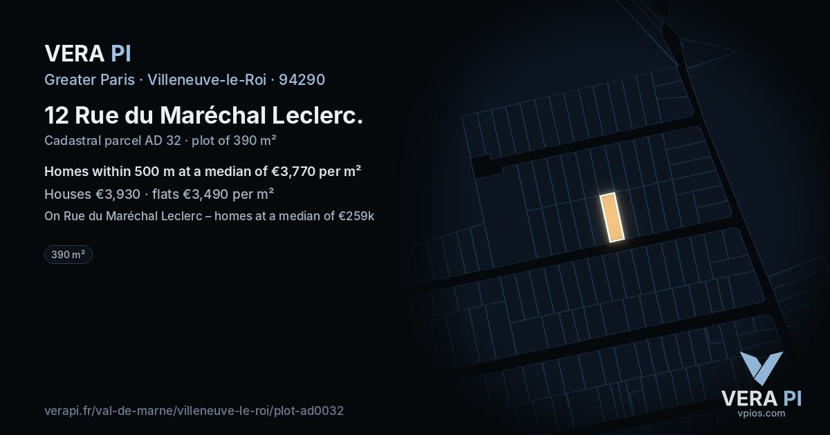12 Rue du Maréchal Leclerc, Villeneuve-le-Roi at night – the plot lit, the parcels around coloured by the prices near them