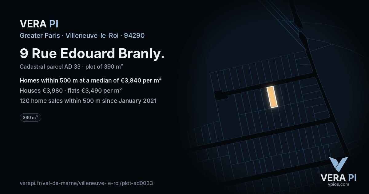 9 Rue Edouard Branly, Villeneuve-le-Roi at night – the plot lit, the parcels around coloured by the prices near them