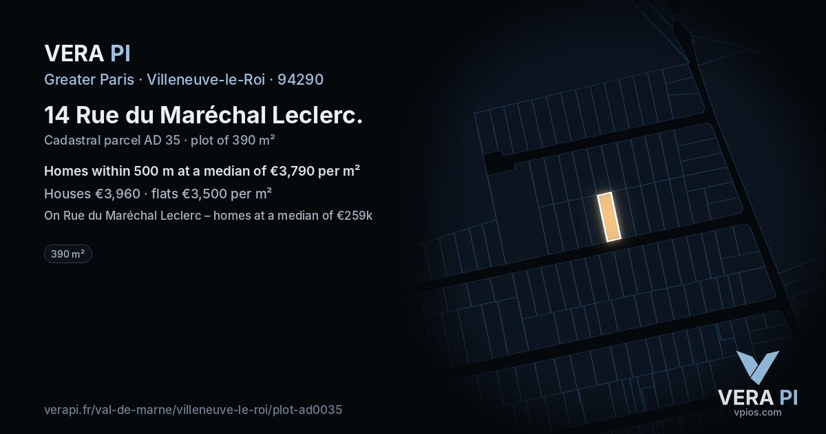 14 Rue du Maréchal Leclerc, Villeneuve-le-Roi at night – the plot lit, the parcels around coloured by the prices near them
