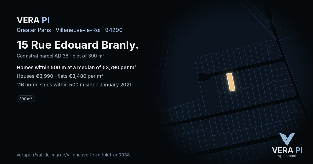 15 Rue Edouard Branly, Villeneuve-le-Roi at night – the plot lit, the parcels around coloured by the prices near them