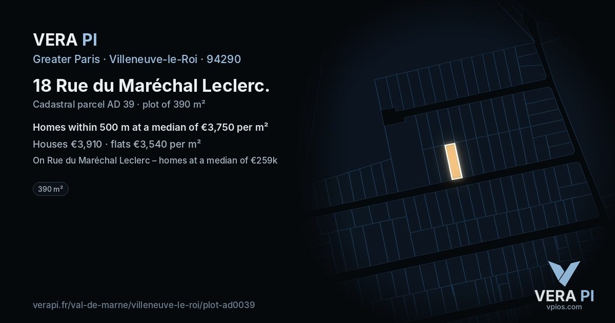 18 Rue du Maréchal Leclerc, Villeneuve-le-Roi at night – the plot lit, the parcels around coloured by the prices near them