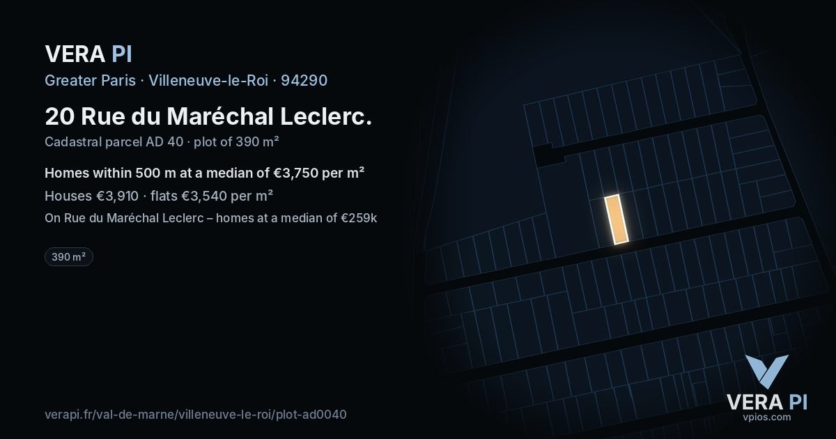 20 Rue du Maréchal Leclerc, Villeneuve-le-Roi at night – the plot lit, the parcels around coloured by the prices near them